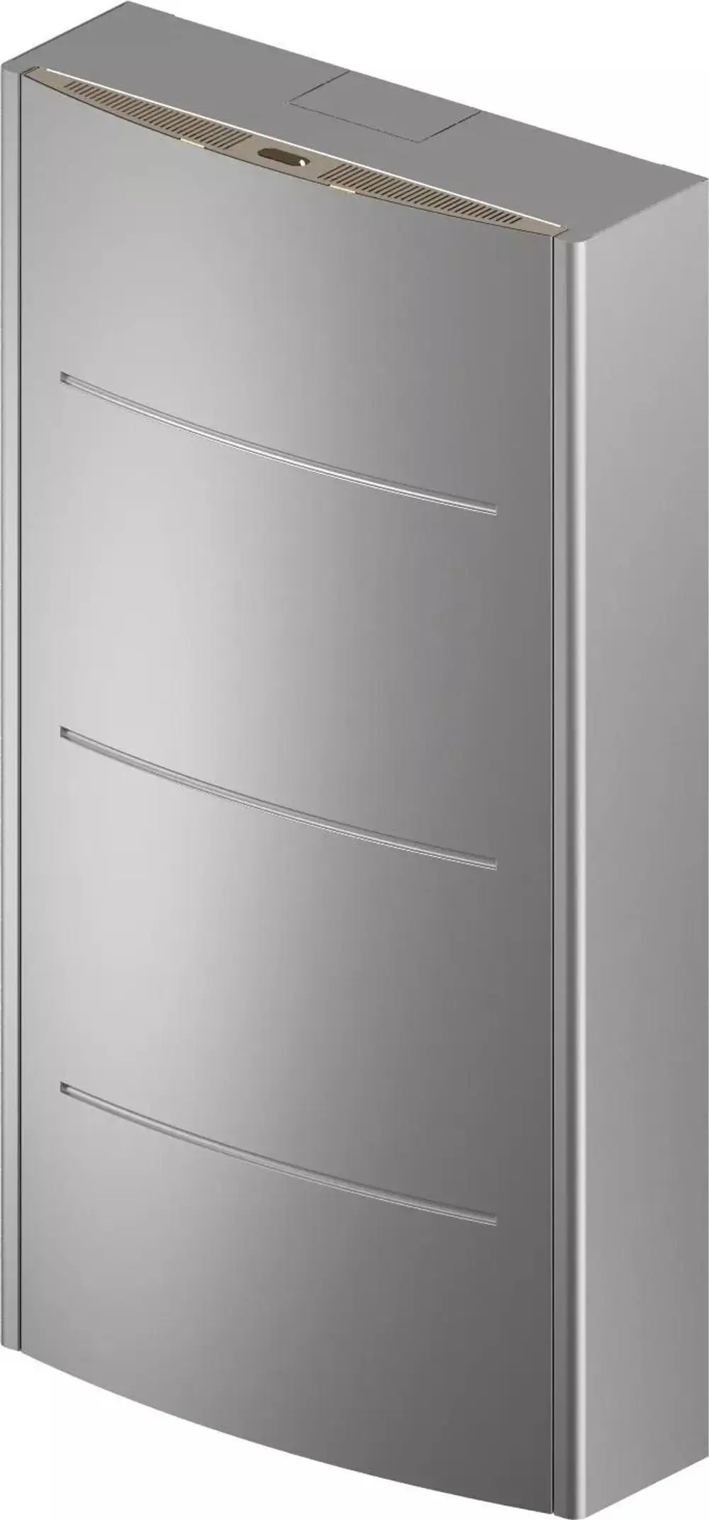 Grauer Schrank von Uponor mit glatter Oberfläche, einem oberen Lüftungsgitter und einer Tür, passend für verschiedene Anwendungen in Innenräumen.